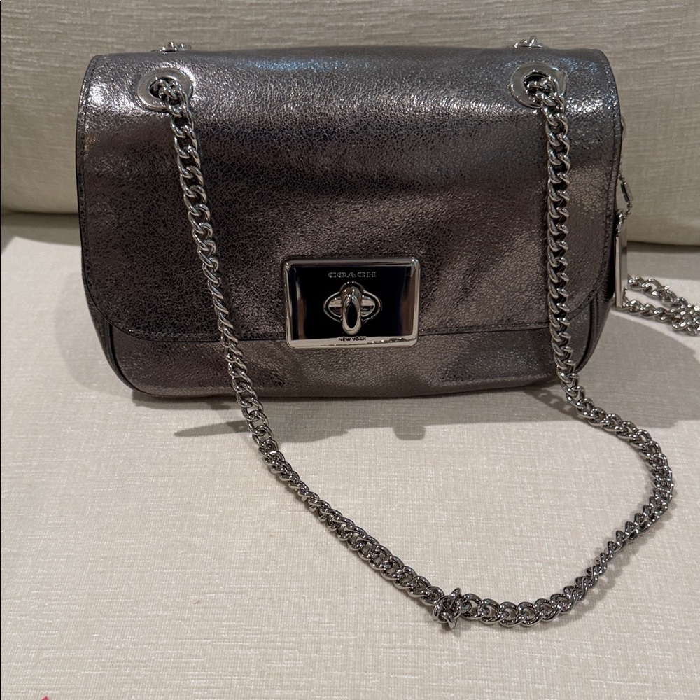 Coach Metallic Pewter Crossbody Bag with Chain Strap
